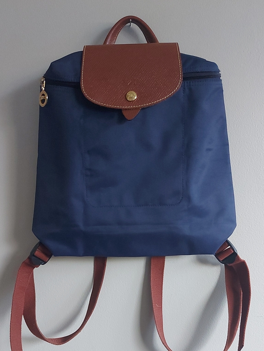 Longchamp Navy and Brown Backpack with Gold Accent